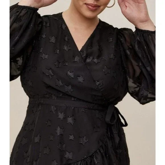 Torrid 2 Top Lurex Star Surplice Ruffle Hem Black Plus Size 2X V Neck Long Slv - Picture 14 of 14